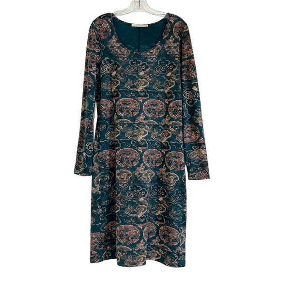 Peruvian Connection dress Dragon maxi mid long sleeve teal blue green boho print - Picture 3 of 5